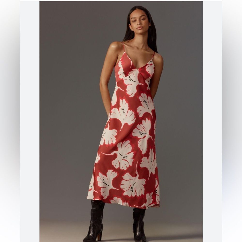 By Anthropologie Sleeveless V-Neck Slip Midi Dress in Red